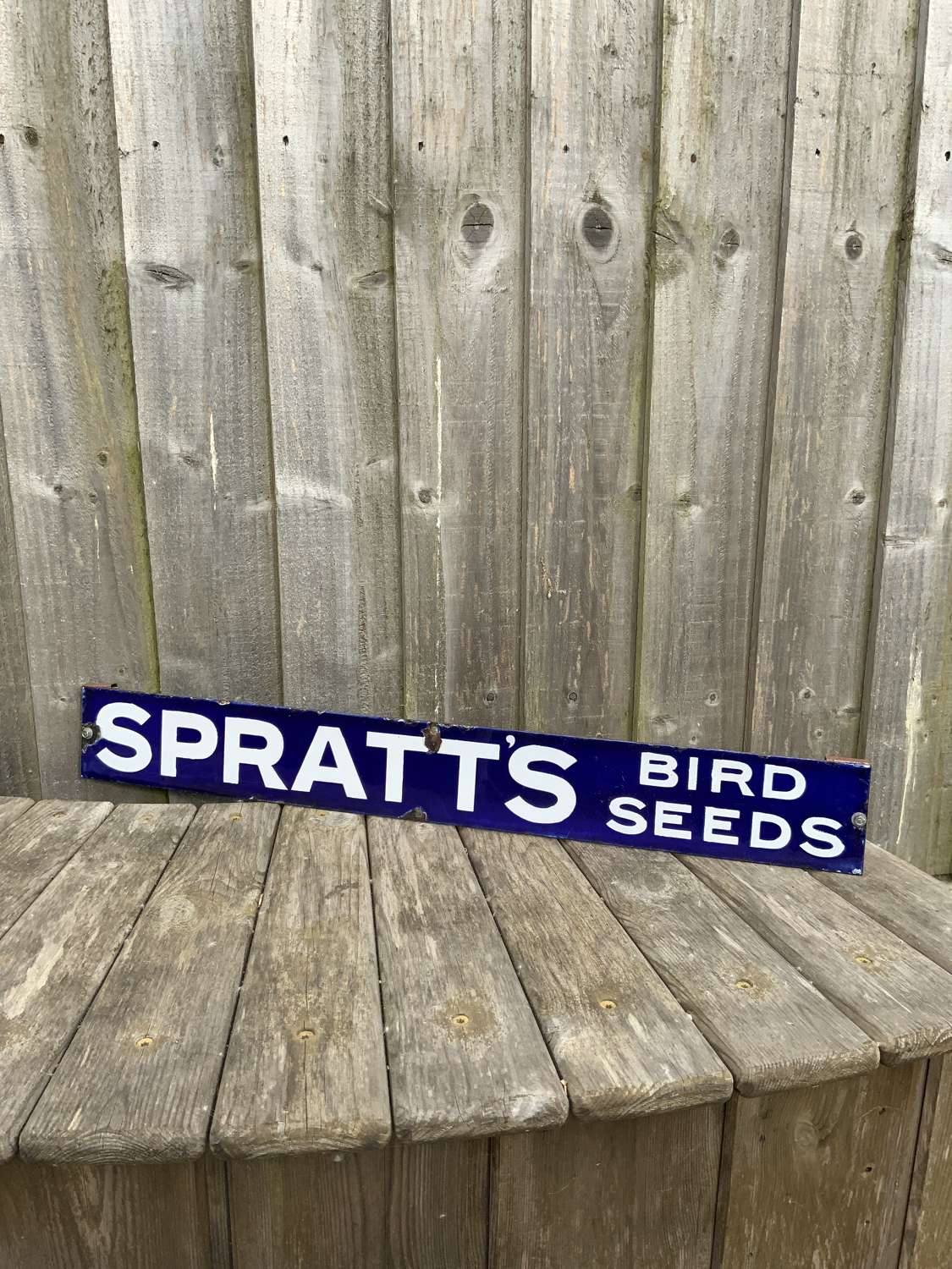 Spratts cobalt blue strip advertising enamel sign