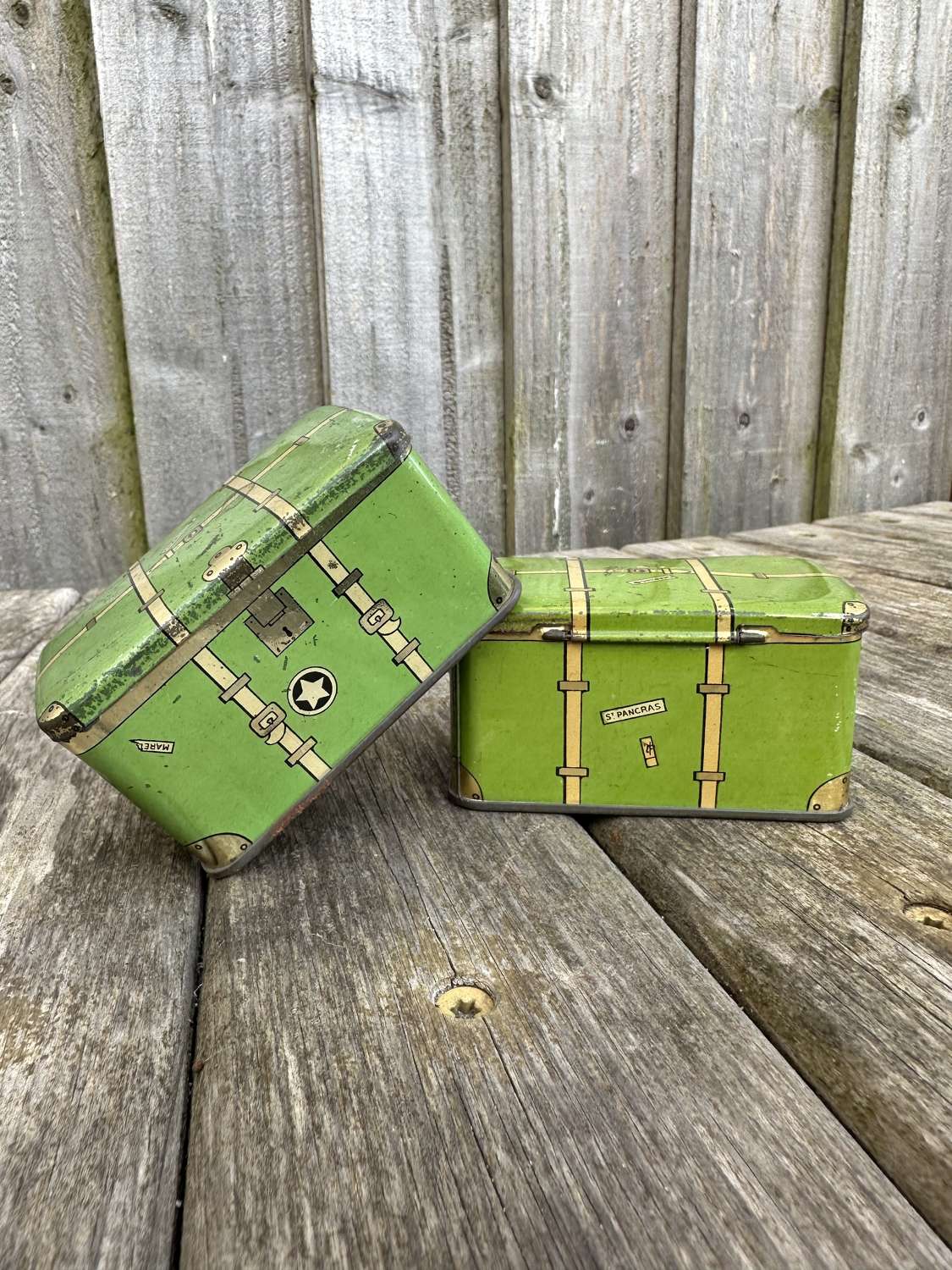 Pair of unbranded cabin trunk tins