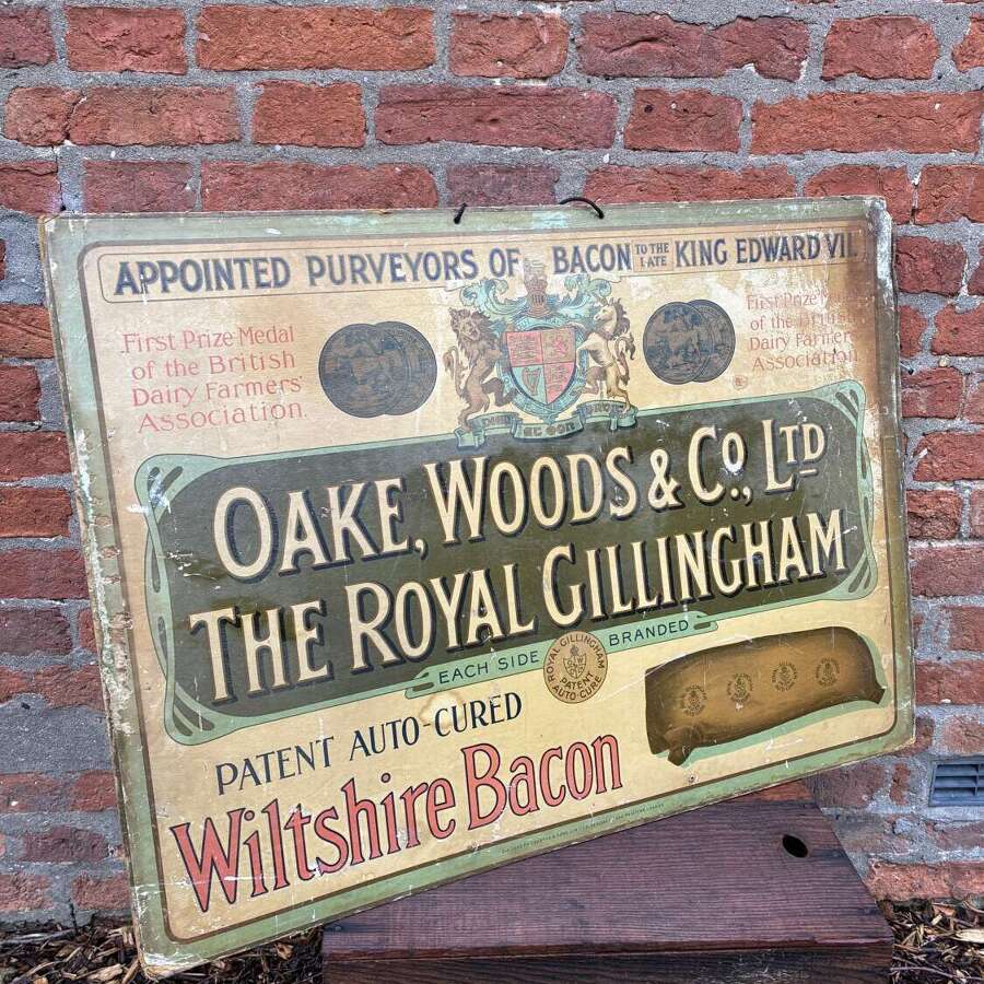 Rare edwardian butcher, oake woods & co wiltshire bacon advertising showcard