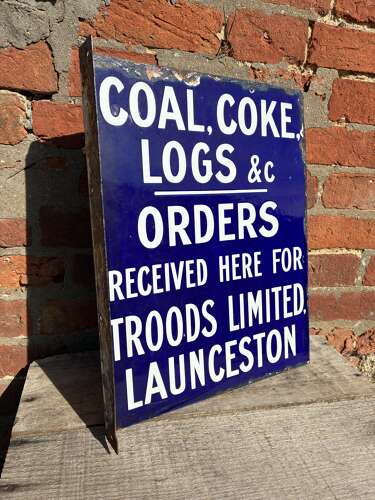 Rare troods limted launceston coal & coke orders flanged enamel advertising sign