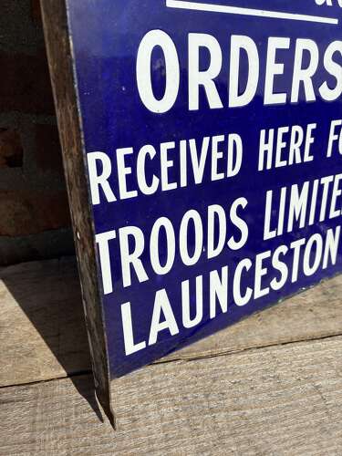 Rare troods limted launceston coal & coke orders flanged enamel advertising sign