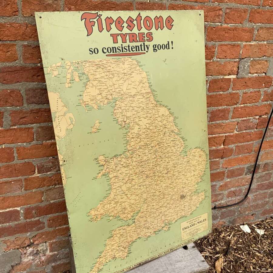 Rare printed tin Firestone tyre & rubber co Ltd map advertising sign