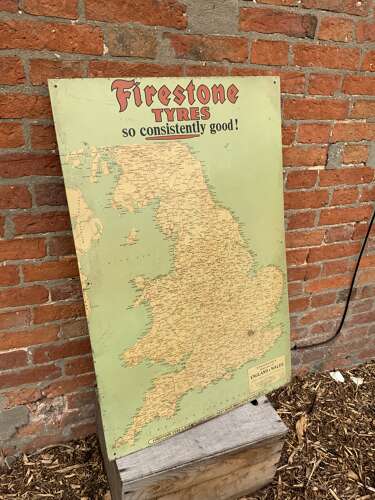 Rare printed tin Firestone tyre & rubber co Ltd map advertising sign