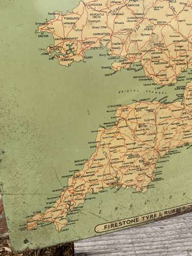 Rare printed tin Firestone tyre & rubber co Ltd map advertising sign