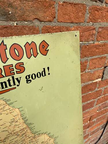 Rare printed tin Firestone tyre & rubber co Ltd map advertising sign