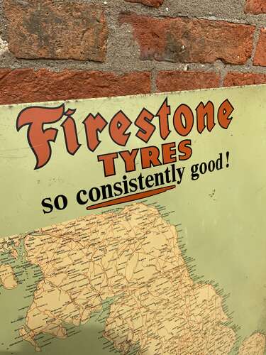 Rare printed tin Firestone tyre & rubber co Ltd map advertising sign