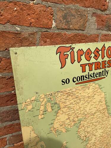 Rare printed tin Firestone tyre & rubber co Ltd map advertising sign
