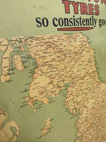 Rare printed tin Firestone tyre & rubber co Ltd map advertising sign