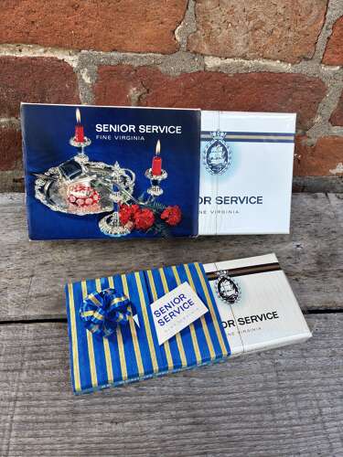 Pair of senior service Christmas cigarette boxes live