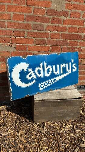 Rare blue Cadburys cocoa enamel advertising sign