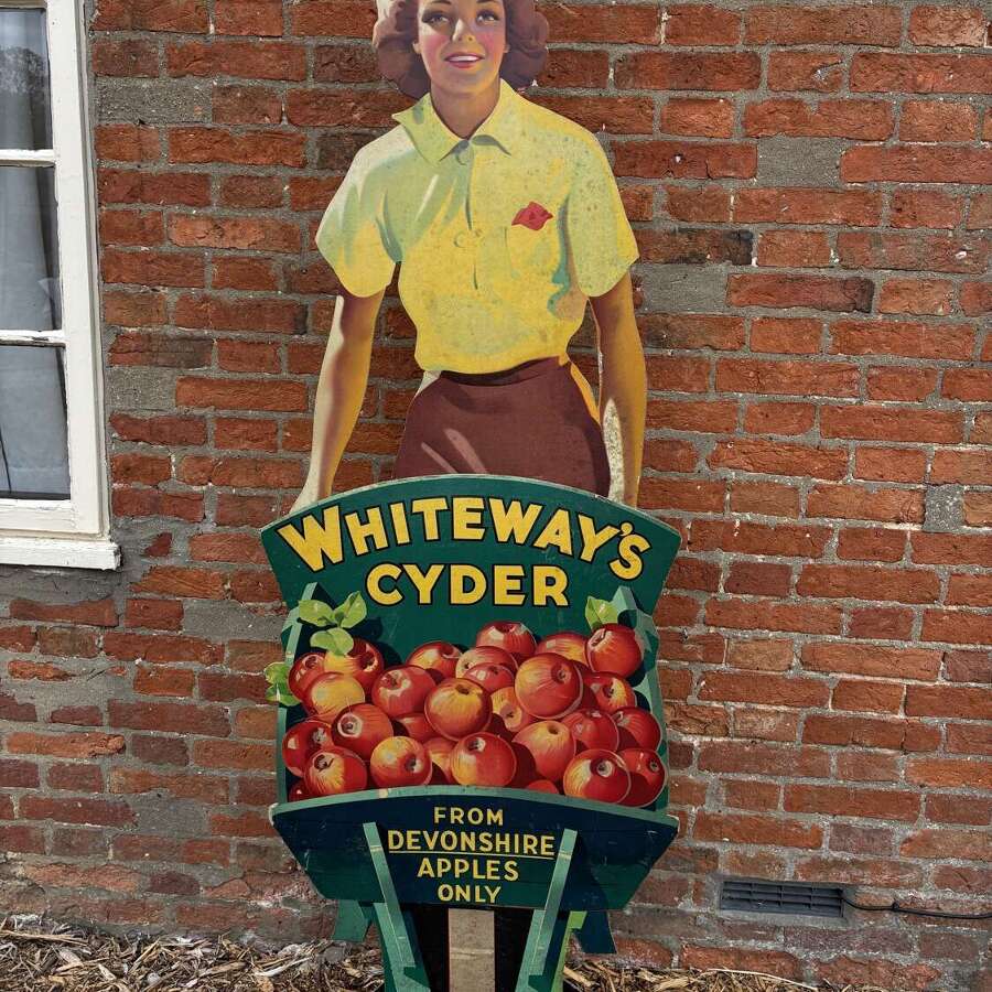 Huge stunning whiteways  Devonshire cyder cut out shop showcard of a lady and wheelbarrow