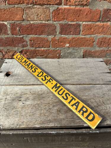 Early Colmans dsf mustard embossed tin shelf strip sign