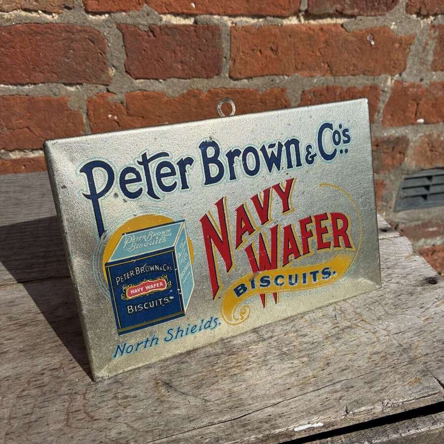 Scarce peter brown & co north shields navy wafer biscuits stand up tin advertising sign