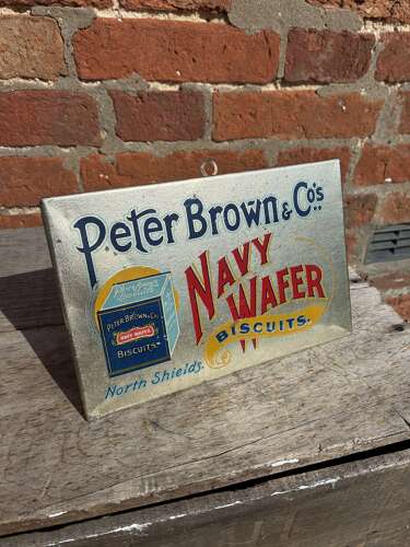 Scarce peter brown & co north shields navy wafer biscuits stand up tin advertising sign