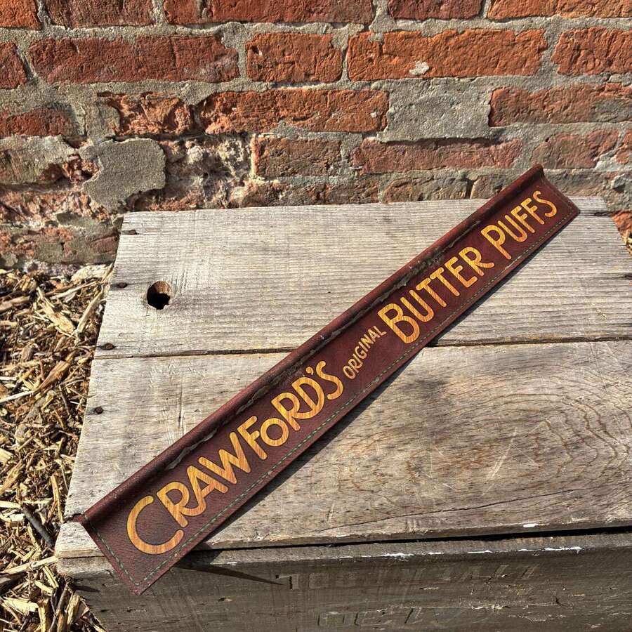 Early william crawford butter puffs tin advertising shelf strip sign