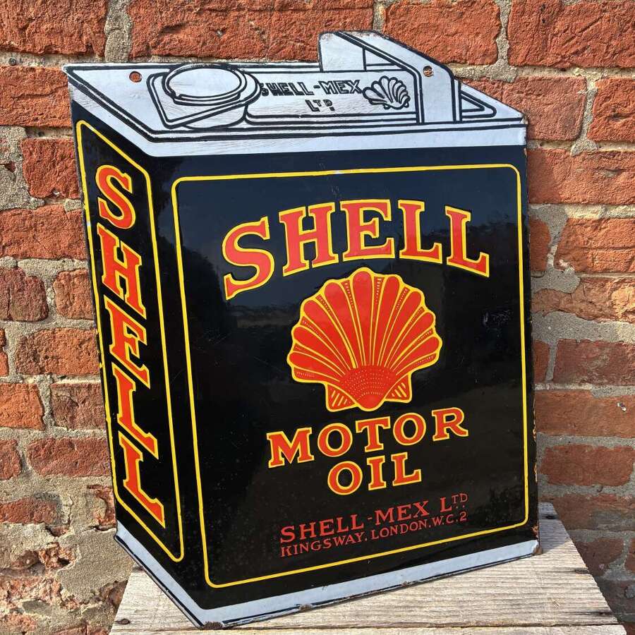 Rare shell motor oil cut out can enamel sign