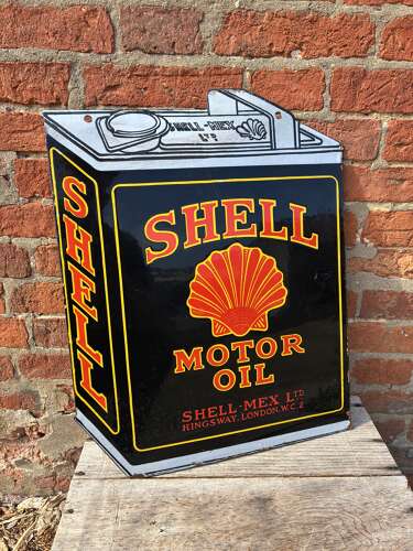 Rare shell motor oil cut out can enamel sign