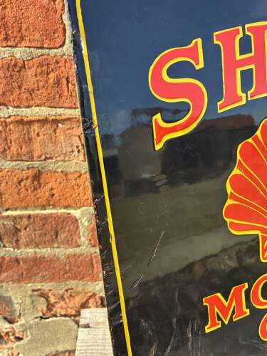 Rare shell motor oil cut out can enamel sign