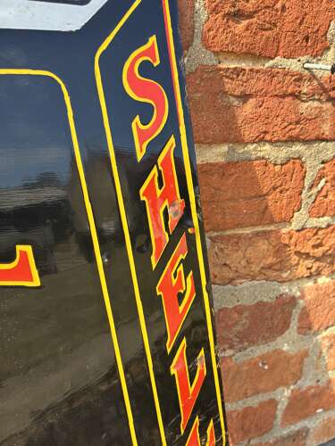 Rare shell motor oil cut out can enamel sign