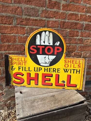 Rare shell stop and fill up here can rack enamel advertising sign