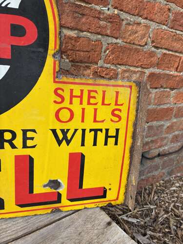 Rare shell stop and fill up here can rack enamel advertising sign