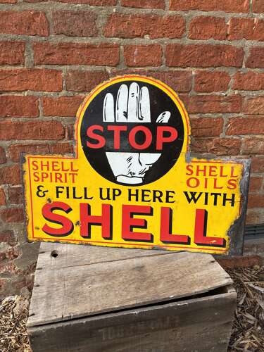 Rare shell stop and fill up here can rack enamel advertising sign