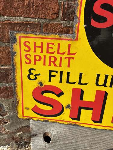 Rare shell stop and fill up here can rack enamel advertising sign