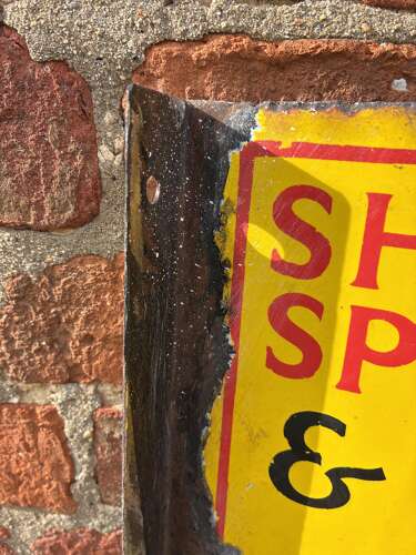 Rare shell stop and fill up here can rack enamel advertising sign
