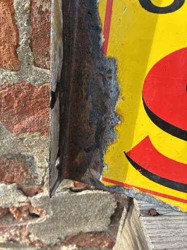 Rare shell stop and fill up here can rack enamel advertising sign