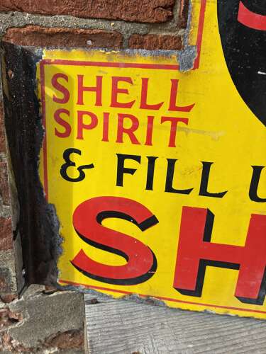 Rare shell stop and fill up here can rack enamel advertising sign