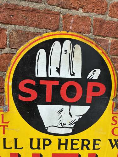Rare shell stop and fill up here can rack enamel advertising sign