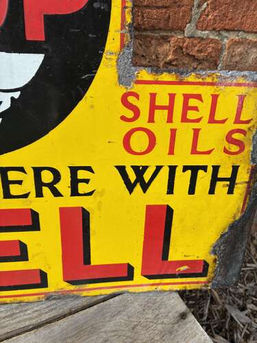 Rare shell stop and fill up here can rack enamel advertising sign