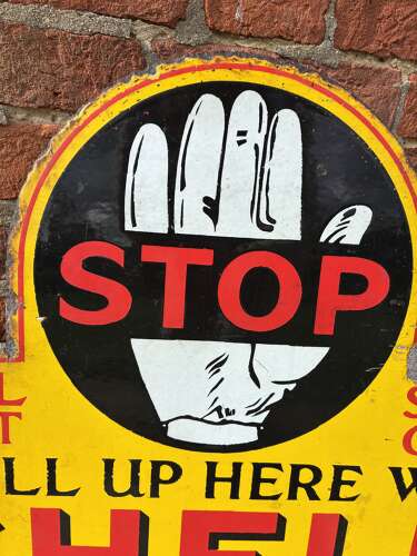 Rare shell stop and fill up here can rack enamel advertising sign