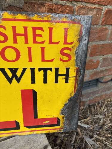 Rare shell stop and fill up here can rack enamel advertising sign