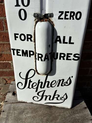 Large sized Stephen’s ink thermometer enamel advertising sign
